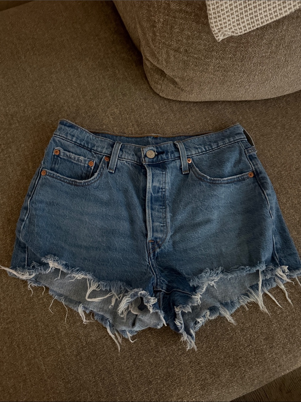 Levi's Distressed Dark Blue Jean Cutoff Shorts